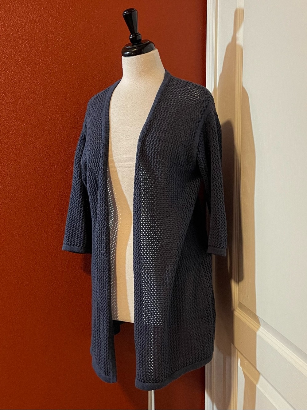 Marine Layer Women’s Open Knit Crotchet Blue Open Front Coastal Cardigan Sweater